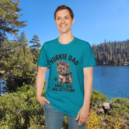 Tropical Blue Gildan G64000 softstyle t-shirt with an adorable Yorkshire Terrier dog with a hair bow image and Yorkie Dad Small Dog Big Attitude printed on it.