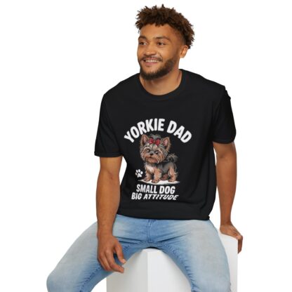 Black Gildan G64000 softstyle t-shirt with an adorable Yorkshire Terrier dog with a hair bow image and Yorkie Dad Small Dog Big Attitude printed on it.