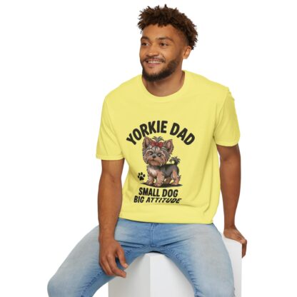 Cornsilk Yellow Gildan G64000 softstyle t-shirt with an adorable Yorkshire Terrier dog with a hair bow image and Yorkie Dad Small Dog Big Attitude printed on it.