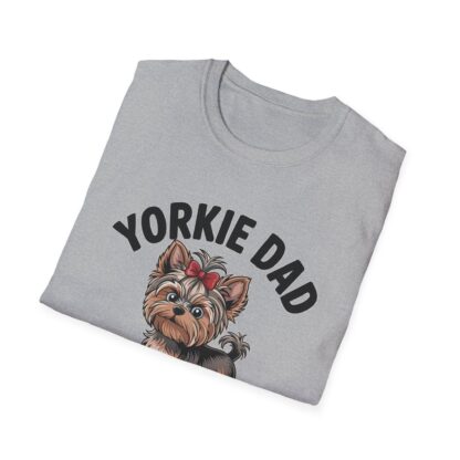 Grey Gildan G64000 softstyle t-shirt with an adorable Yorkshire Terrier dog with a hair bow image and Yorkie Dad Small Dog Big Attitude printed on it.