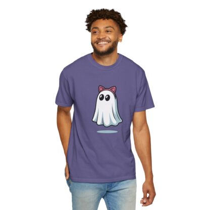 Cute ghost in a white sheet wearing pink cat ears on a Comfort Colors 1717 t-shirt grape purple.