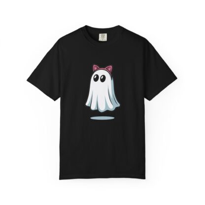 Cute ghost in a white sheet wearing pink cat ears on a Comfort Colors 1717 t-shirt black.
