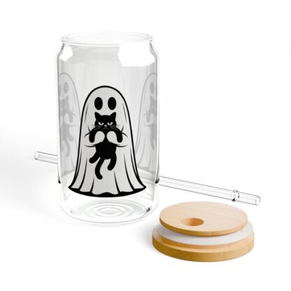 Cute ghost in a white sheet showing off his grumpy black cat on a 16oz sipper glass.