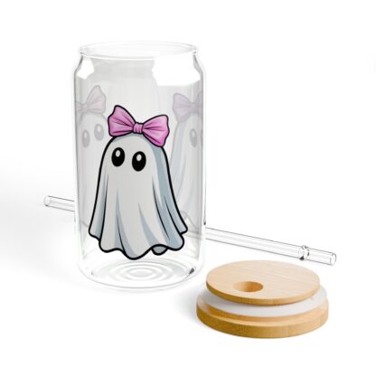 Cute ghost in a white sheet wearing pink bow on a 16oz sipper glass.