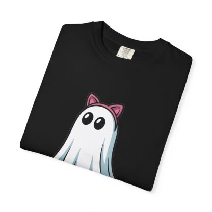 Cute ghost in a white sheet wearing pink cat ears on a Comfort Colors 1717 t-shirt black.