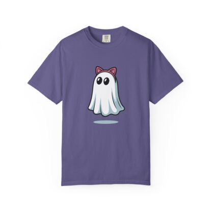 Cute ghost in a white sheet wearing pink cat ears on a Comfort Colors 1717 t-shirt grape purple.