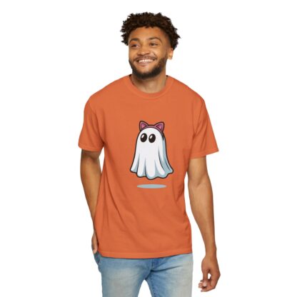 Cute ghost in a white sheet wearing pink cat ears on a Comfort Colors 1717 t-shirt burnt orange.