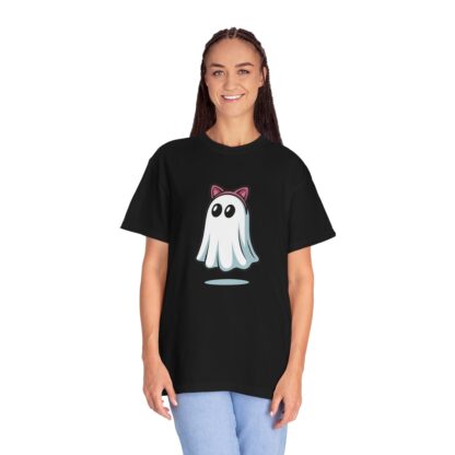 Cute ghost in a white sheet wearing pink cat ears on a Comfort Colors 1717 t-shirt black.