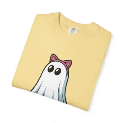 Cute ghost in a white sheet wearing pink cat ears on a Comfort Colors 1717 t-shirt butter yellow.