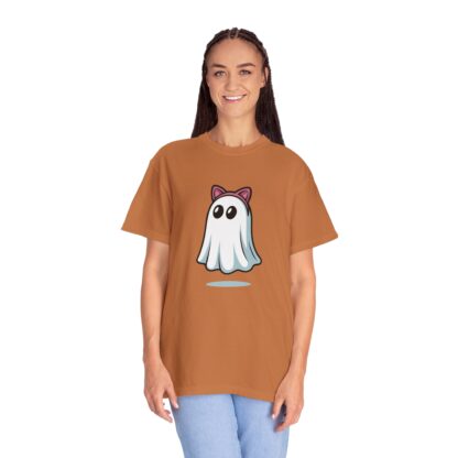 Cute ghost in a white sheet wearing pink cat ears on a Comfort Colors 1717 t-shirt yam orange.