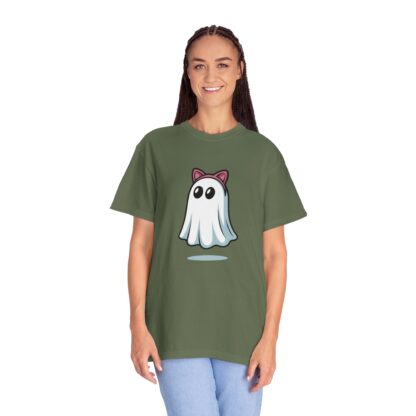Cute ghost in a white sheet wearing pink cat ears on a Comfort Colors 1717 t-shirt sage green.
