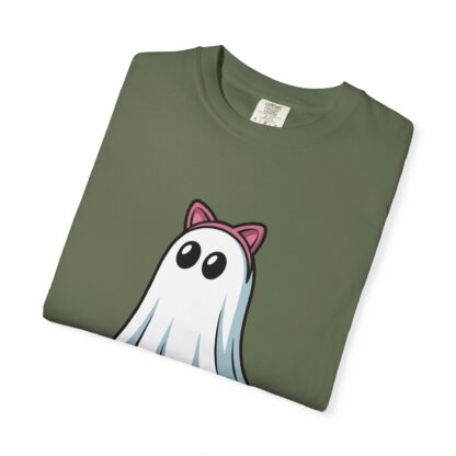Cute ghost in a white sheet wearing pink cat ears on a Comfort Colors 1717 t-shirt sage green.