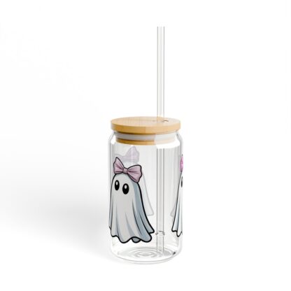 Cute ghost in a white sheet wearing pink bow on a 16oz sipper glass.