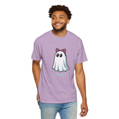 Cute ghost in a white sheet wearing pink cat ears on a Comfort Colors 1717 t-shirt orchid purple lavender.