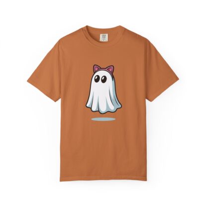 Cute ghost in a white sheet wearing pink cat ears on a Comfort Colors 1717 t-shirt yam orange.