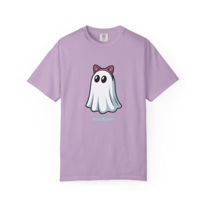 Cute ghost in a white sheet wearing pink cat ears on a Comfort Colors 1717 t-shirt orchid purple lavender.