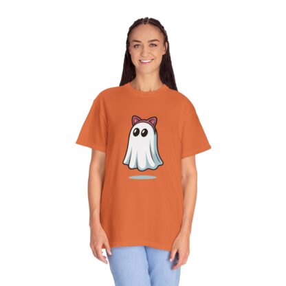 Cute ghost in a white sheet wearing pink cat ears on a Comfort Colors 1717 t-shirt burnt orange.
