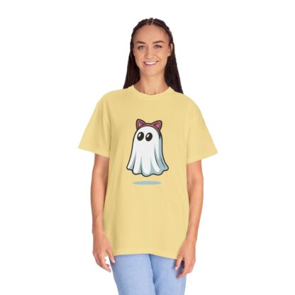 Cute ghost in a white sheet wearing pink cat ears on a Comfort Colors 1717 t-shirt butter yellow.