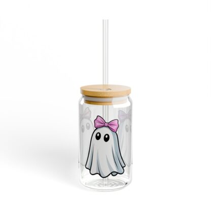 Cute ghost in a white sheet wearing pink bow on a 16oz sipper glass.