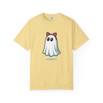 Cute ghost in a white sheet wearing pink cat ears on a Comfort Colors 1717 t-shirt butter yellow.