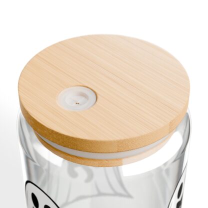 Cute ghost in a white sheet showing off his grumpy black cat on a 16oz sipper glass.