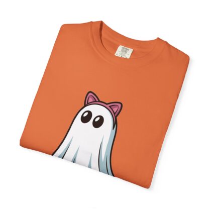 Cute ghost in a white sheet wearing pink cat ears on a Comfort Colors 1717 t-shirt burnt orange.