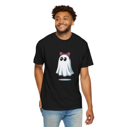 Cute ghost in a white sheet wearing pink cat ears on a Comfort Colors 1717 t-shirt black.
