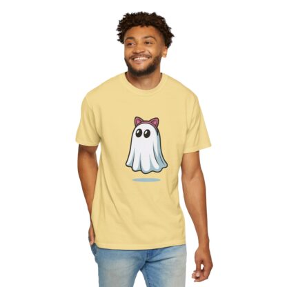 Cute ghost in a white sheet wearing pink cat ears on a Comfort Colors 1717 t-shirt butter yellow.
