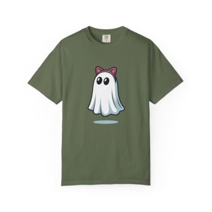 Cute ghost in a white sheet wearing pink cat ears on a Comfort Colors 1717 t-shirt sage green.
