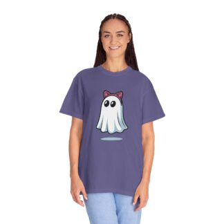 Cute ghost in a white sheet wearing pink cat ears on a Comfort Colors 1717 t-shirt grape purple.
