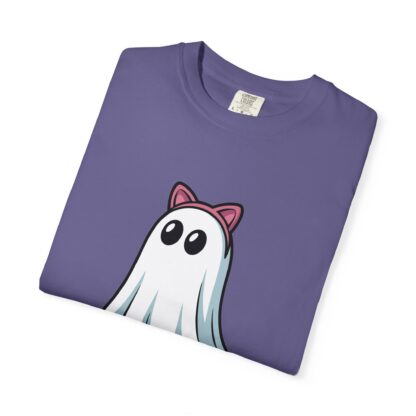 Cute ghost in a white sheet wearing pink cat ears on a Comfort Colors 1717 t-shirt grape purple.