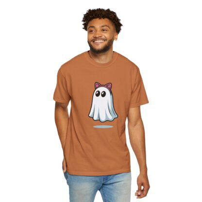 Cute ghost in a white sheet wearing pink cat ears on a Comfort Colors 1717 t-shirt yam orange.