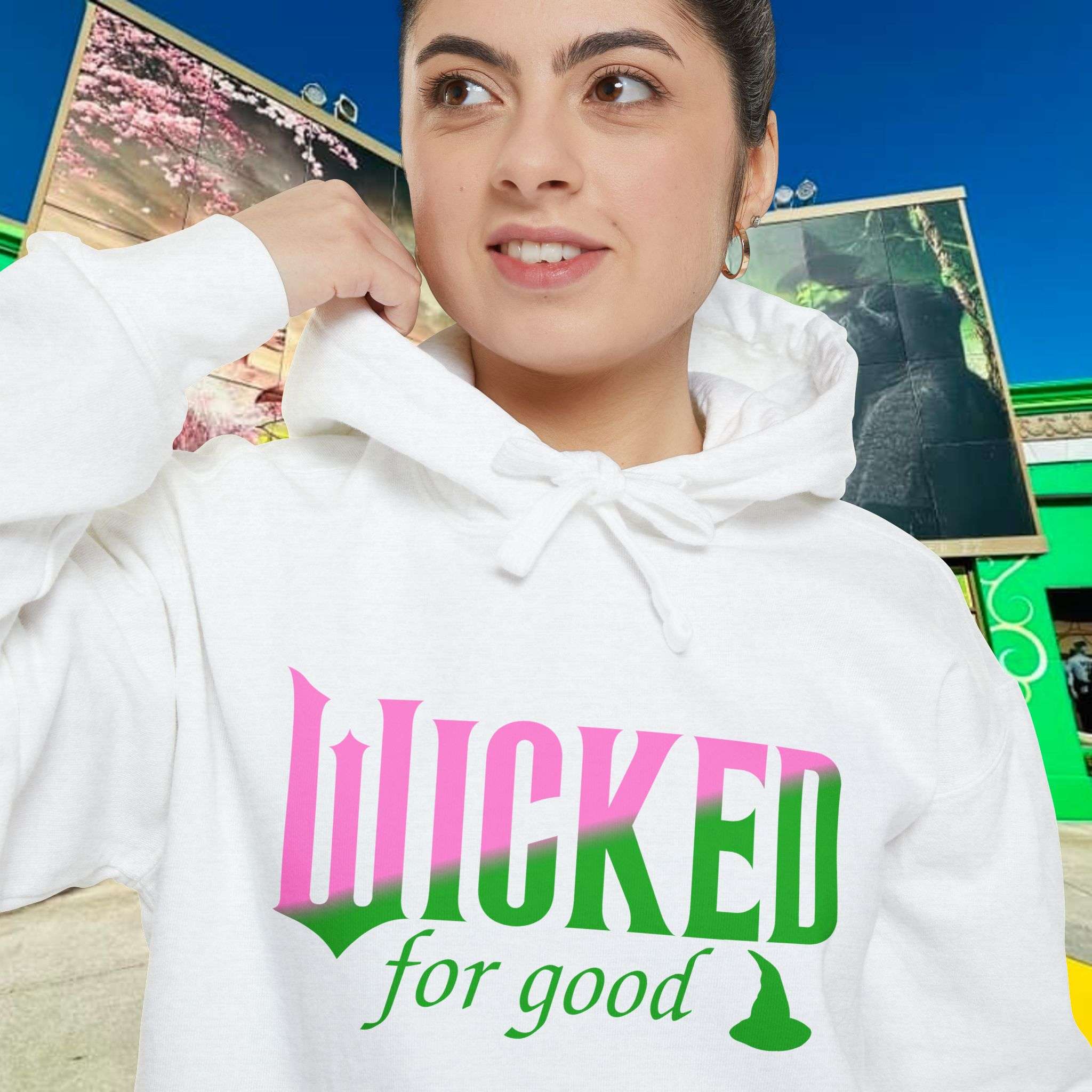 Wicked For Good Comfort Colors Hoodie, Elphaba Hat Sweatshirt, Pink Green Wicked Movie Gift, Printed Front and Back