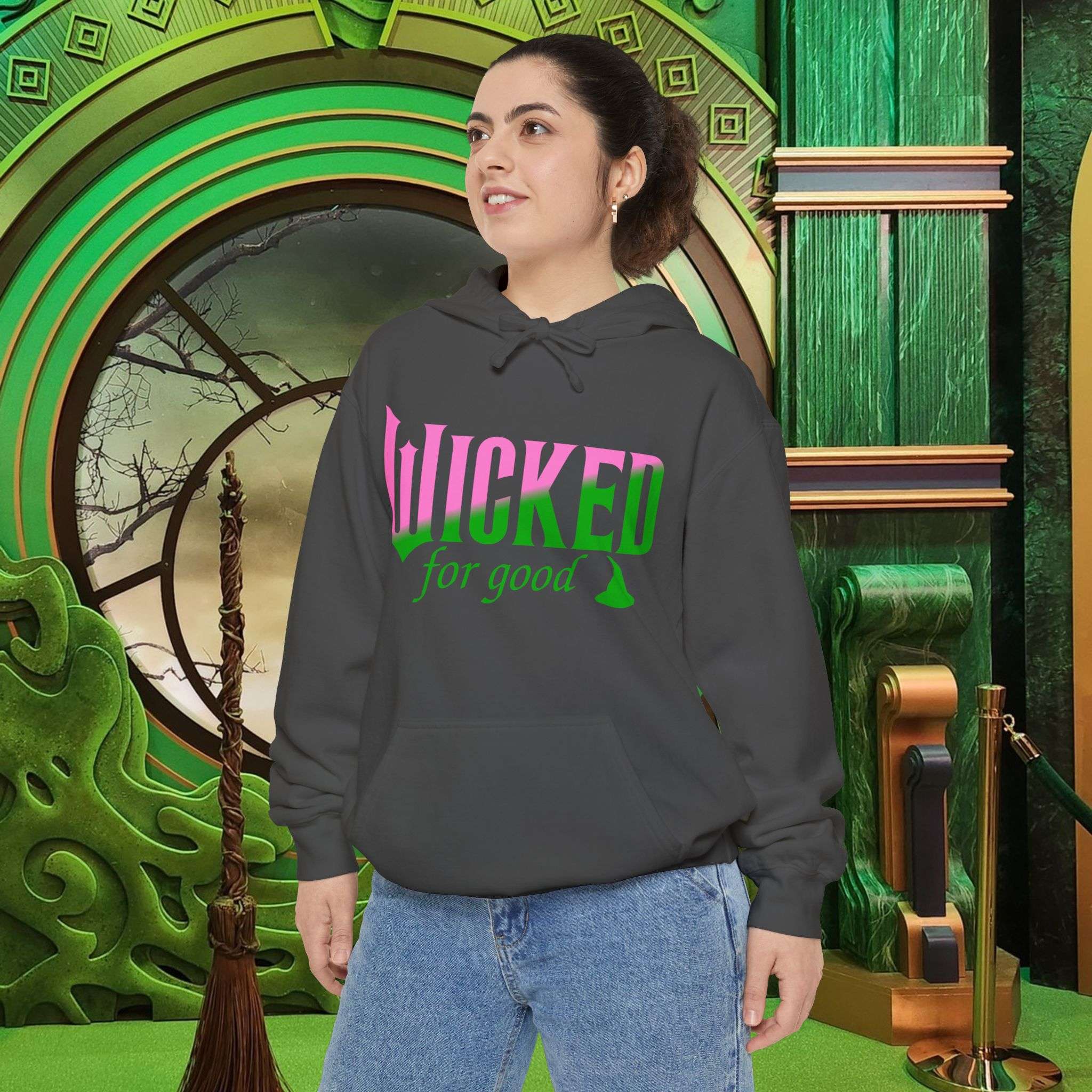 Wicked For Good Comfort Colors Hoodie, Elphaba Hat Sweatshirt, Pink Green Wicked Movie Gift, Printed Front and Back - Image 6