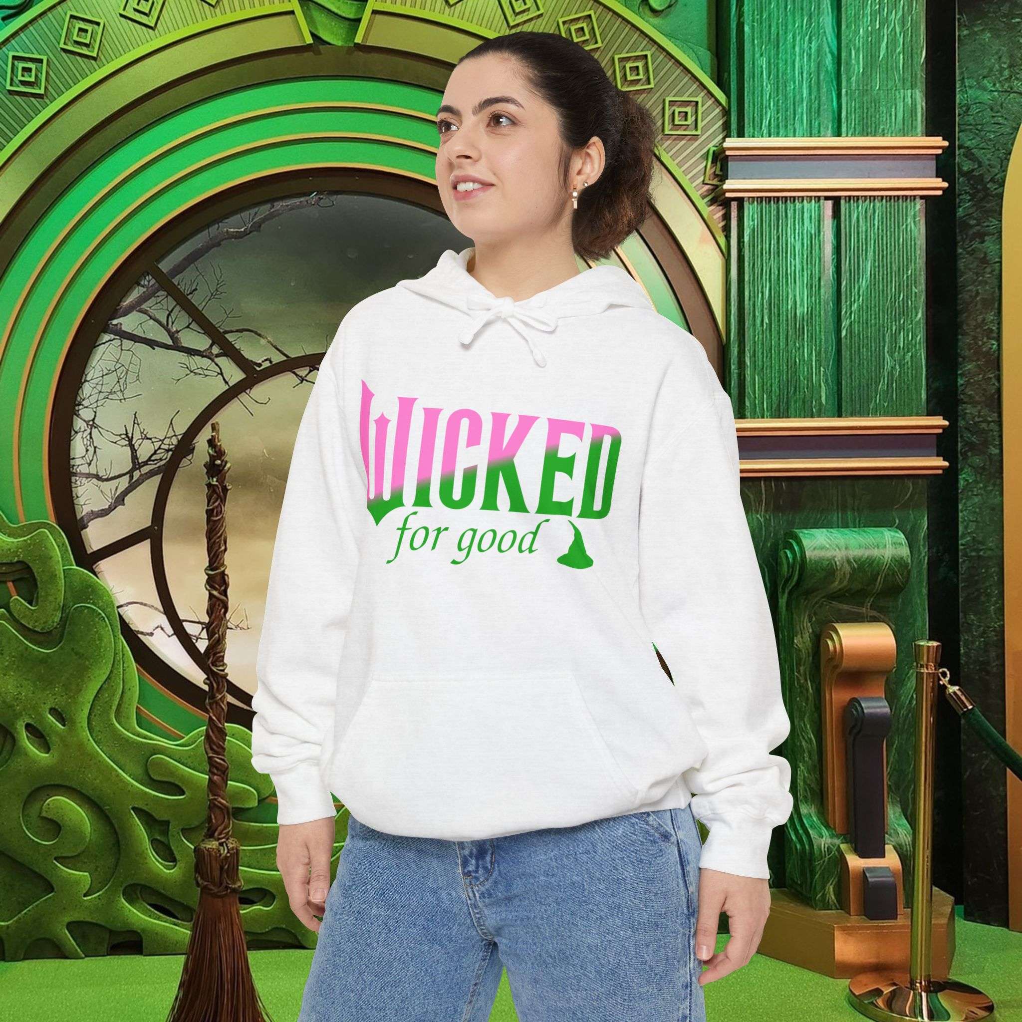 Wicked For Good Comfort Colors Hoodie, Elphaba Hat Sweatshirt, Pink Green Wicked Movie Gift, Printed Front and Back - Image 3