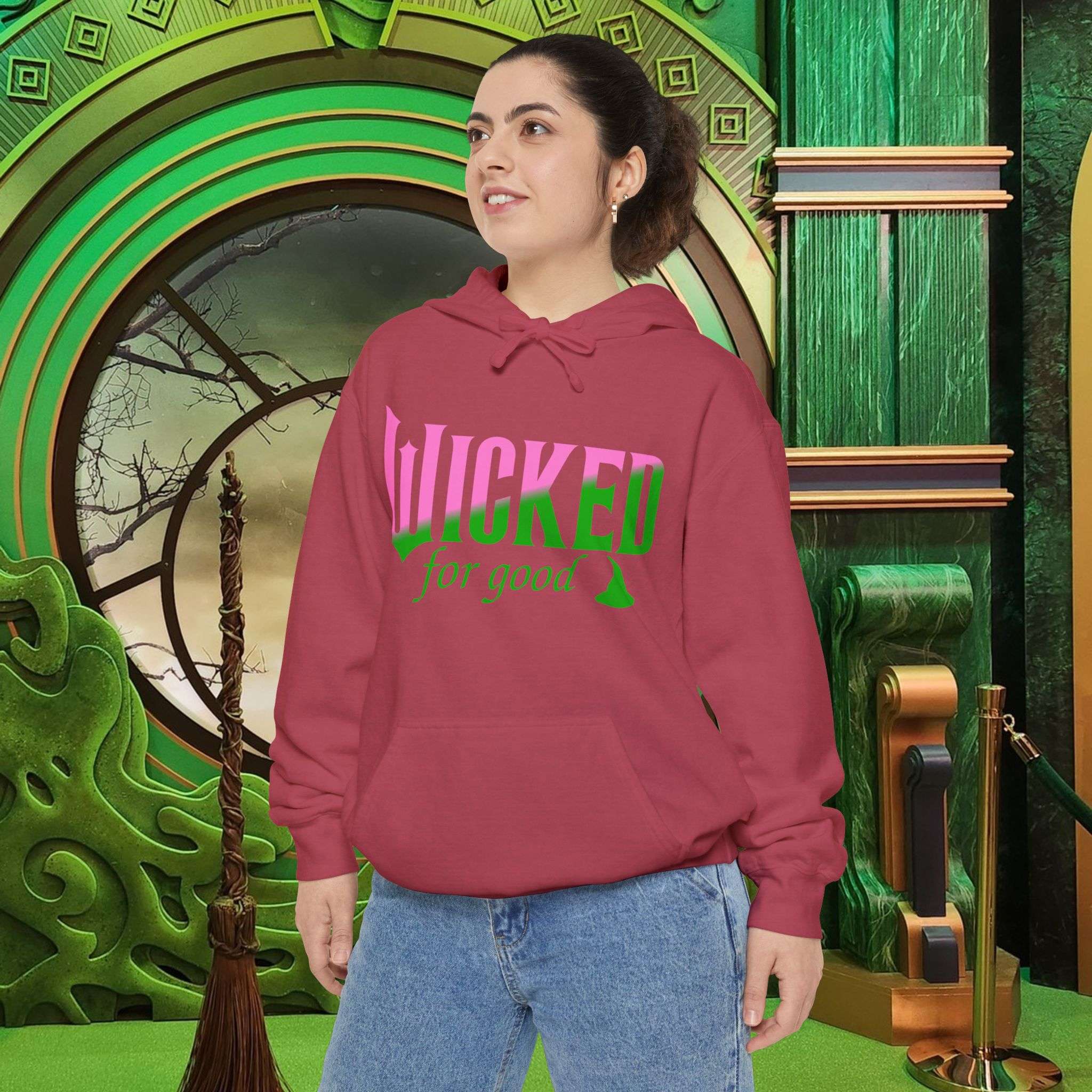 Wicked For Good Comfort Colors Hoodie, Elphaba Hat Sweatshirt, Pink Green Wicked Movie Gift, Printed Front and Back - Image 26