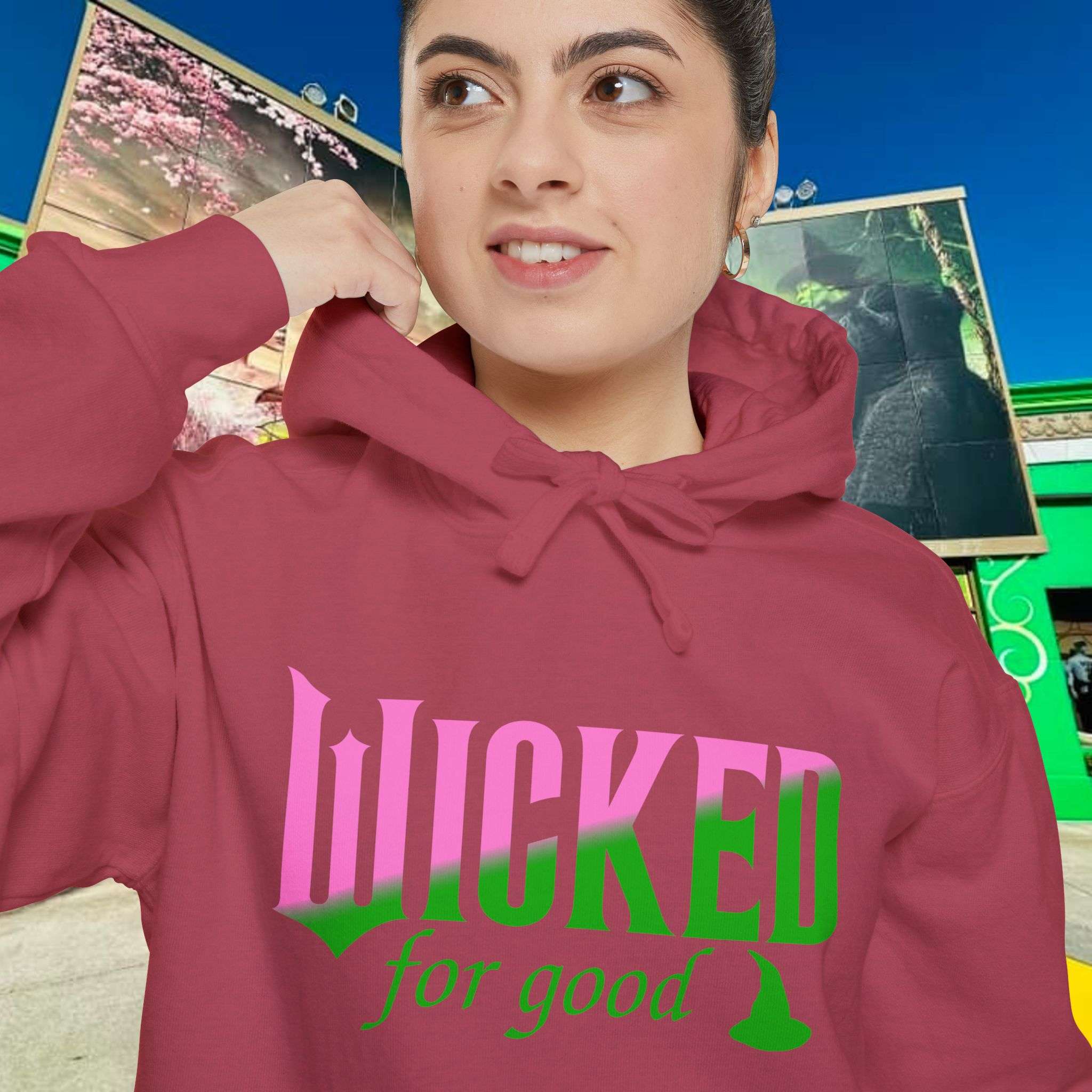 Wicked For Good Comfort Colors Hoodie, Elphaba Hat Sweatshirt, Pink Green Wicked Movie Gift, Printed Front and Back - Image 28