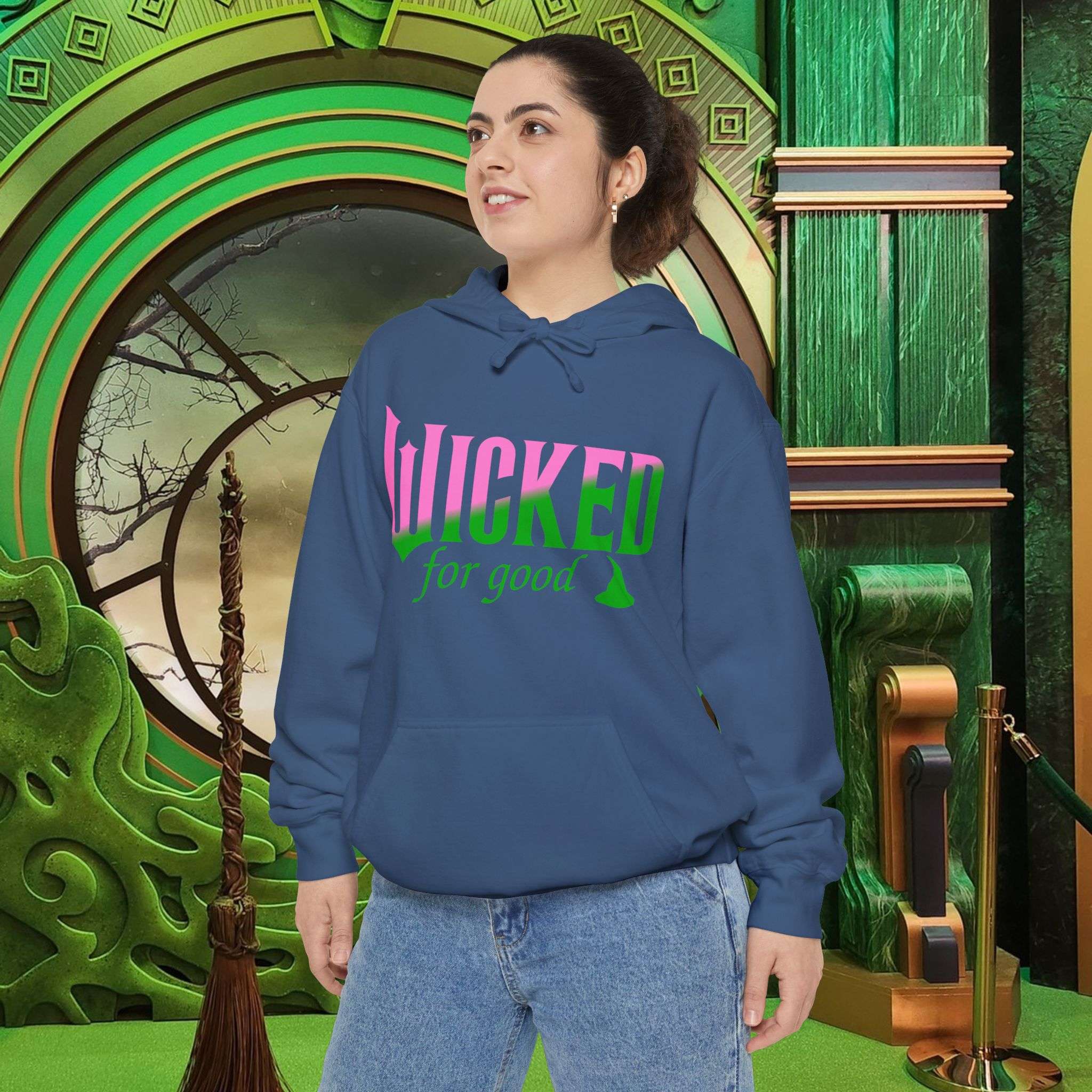 Wicked For Good Comfort Colors Hoodie, Elphaba Hat Sweatshirt, Pink Green Wicked Movie Gift, Printed Front and Back - Image 22