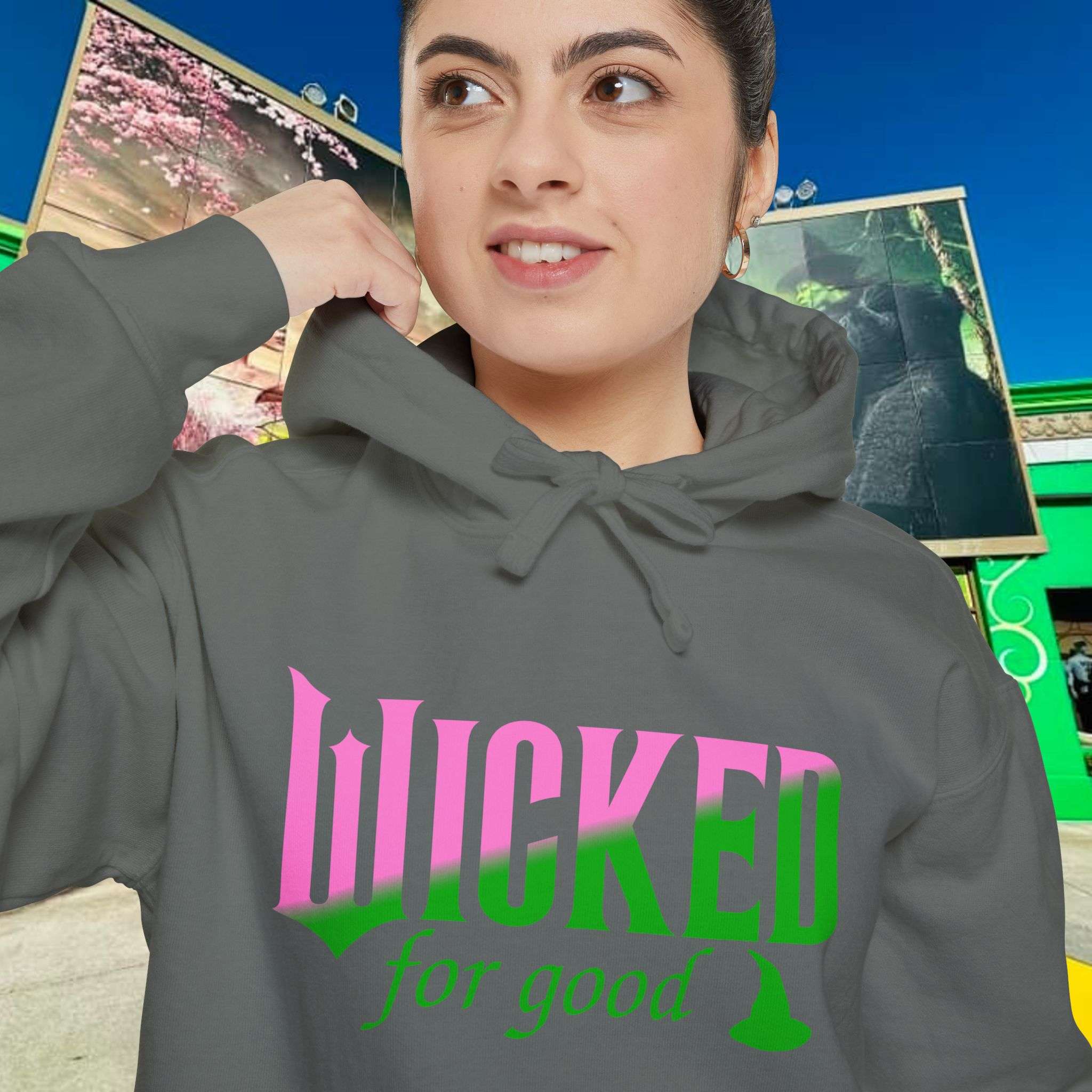 Wicked For Good Comfort Colors Hoodie, Elphaba Hat Sweatshirt, Pink Green Wicked Movie Gift, Printed Front and Back - Image 12