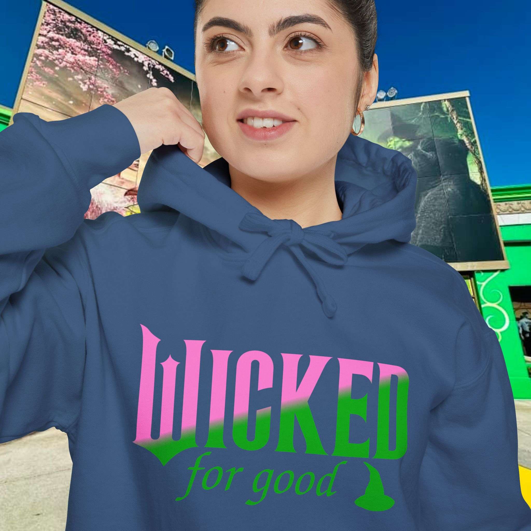 Wicked For Good Comfort Colors Hoodie, Elphaba Hat Sweatshirt, Pink Green Wicked Movie Gift, Printed Front and Back - Image 24