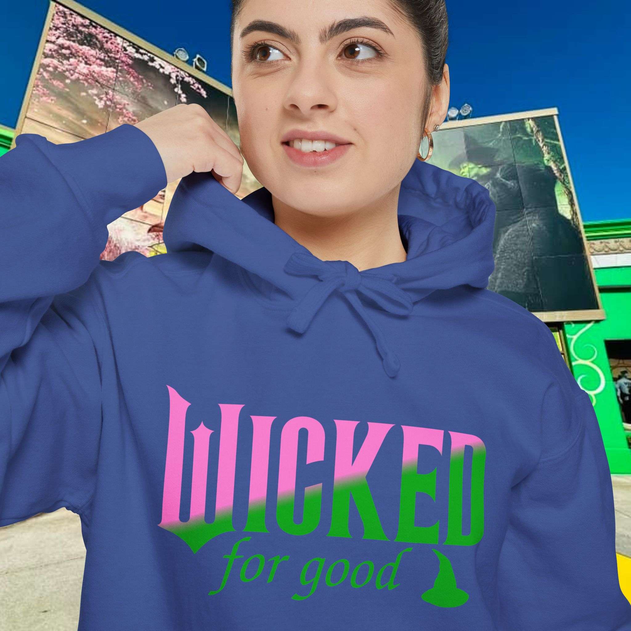 Wicked For Good Comfort Colors Hoodie, Elphaba Hat Sweatshirt, Pink Green Wicked Movie Gift, Printed Front and Back - Image 16
