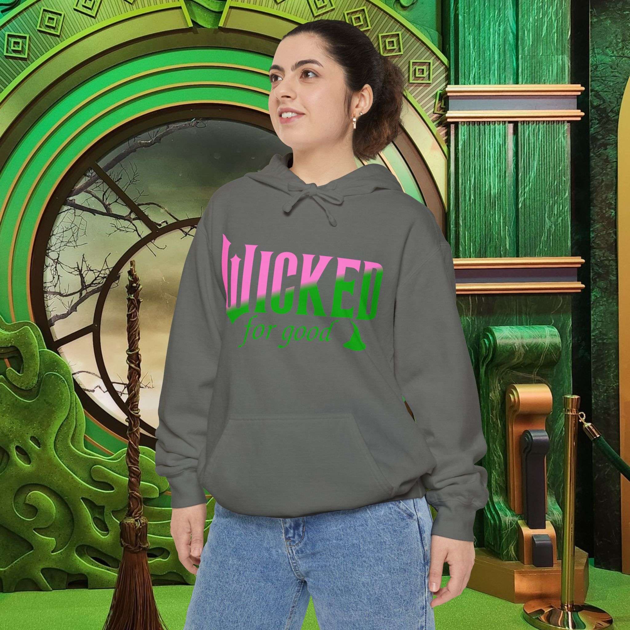 Wicked For Good Comfort Colors Hoodie, Elphaba Hat Sweatshirt, Pink Green Wicked Movie Gift, Printed Front and Back - Image 10