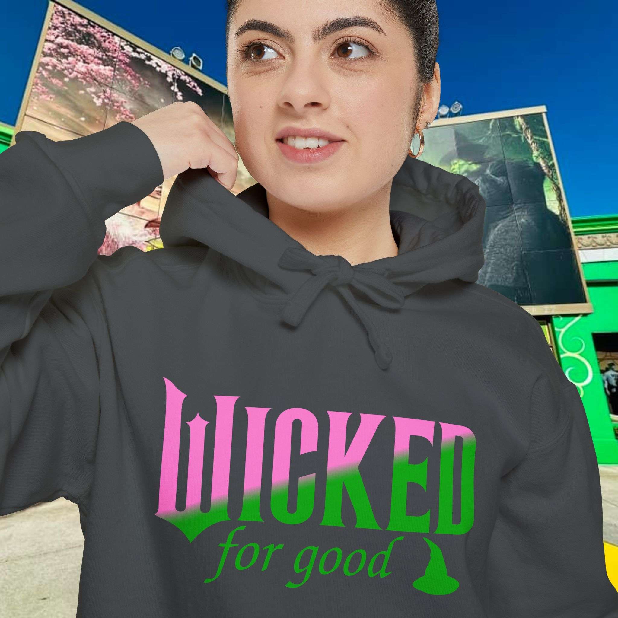 Wicked For Good Comfort Colors Hoodie, Elphaba Hat Sweatshirt, Pink Green Wicked Movie Gift, Printed Front and Back - Image 8