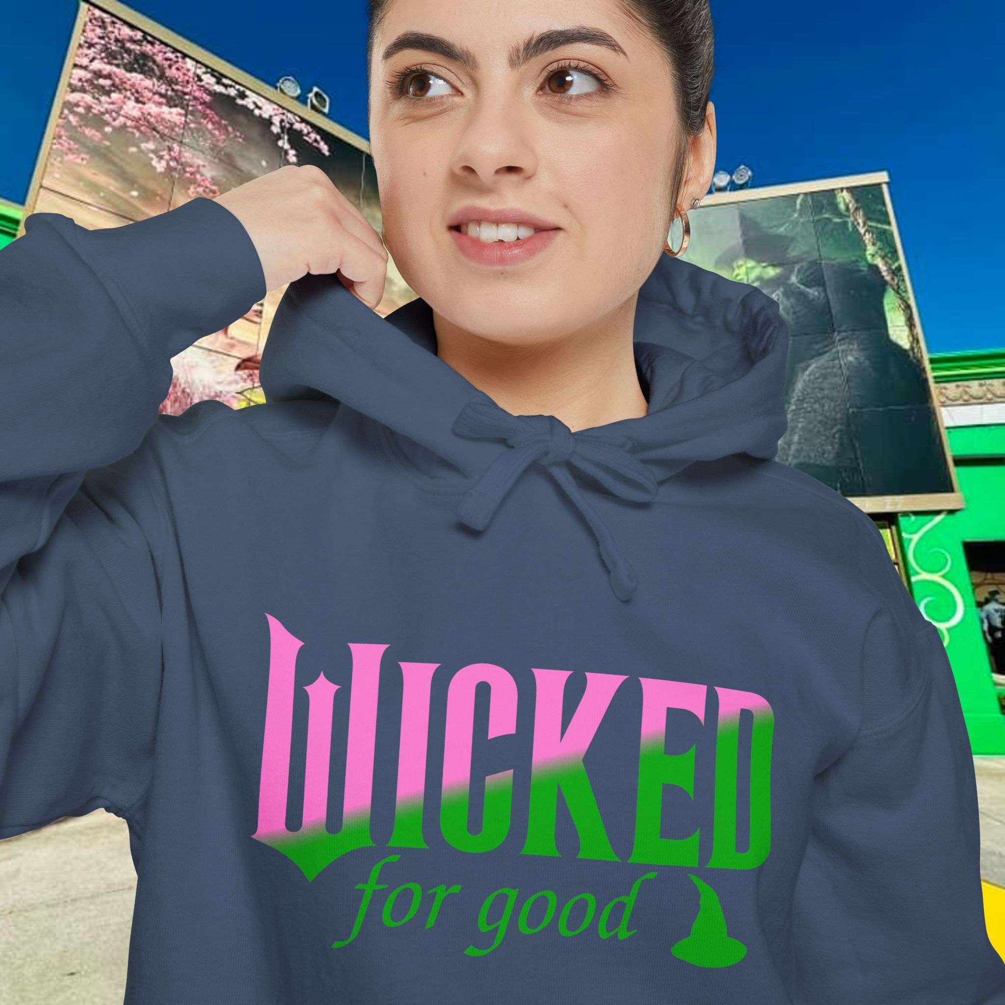 Wicked For Good Comfort Colors Hoodie, Elphaba Hat Sweatshirt, Pink Green Wicked Movie Gift, Printed Front and Back - Image 20