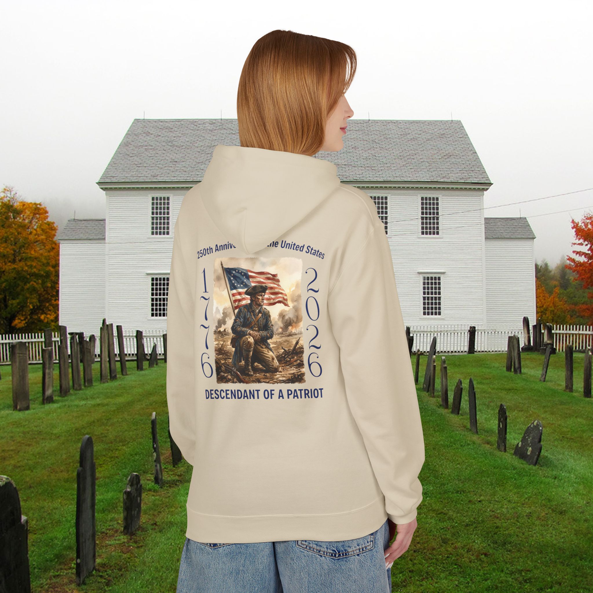 America 250th Anniversary Hoodie - 1776–2026 Patriotic Sweatshirt - Revolutionary Soldier & Betsy Ross Flag